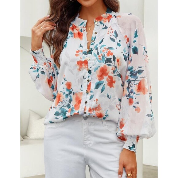 Women's Floral Print Blouse Polyester Long Sleeve Casual Fall Boho Oversized Top - Picture 3 of 6